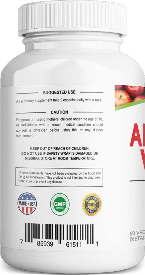Apple Cider Vinegar Capsules with Vitamin C - 1000mg per Serving - Supports Healthy Weight, Keto, Digestion, Skin and Gut Health, Detox, Immune * - 60 Vegetarian Capsules