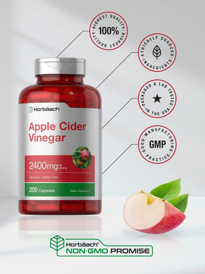 Apple Cider Vinegar Capsules | 2400mg | 200 Pills | Non-GMO, Gluten Free Supplement | by Horbaach