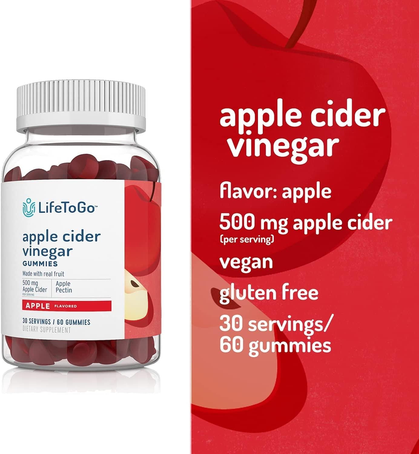 Apple Cider Vinegar Gummies from LifeToGo - No Pucker Apple Flavor Packed with 500 mg of Apple Cider for Immunity and Detox - 30 Day Supply of 60 Total Oral Gummies.