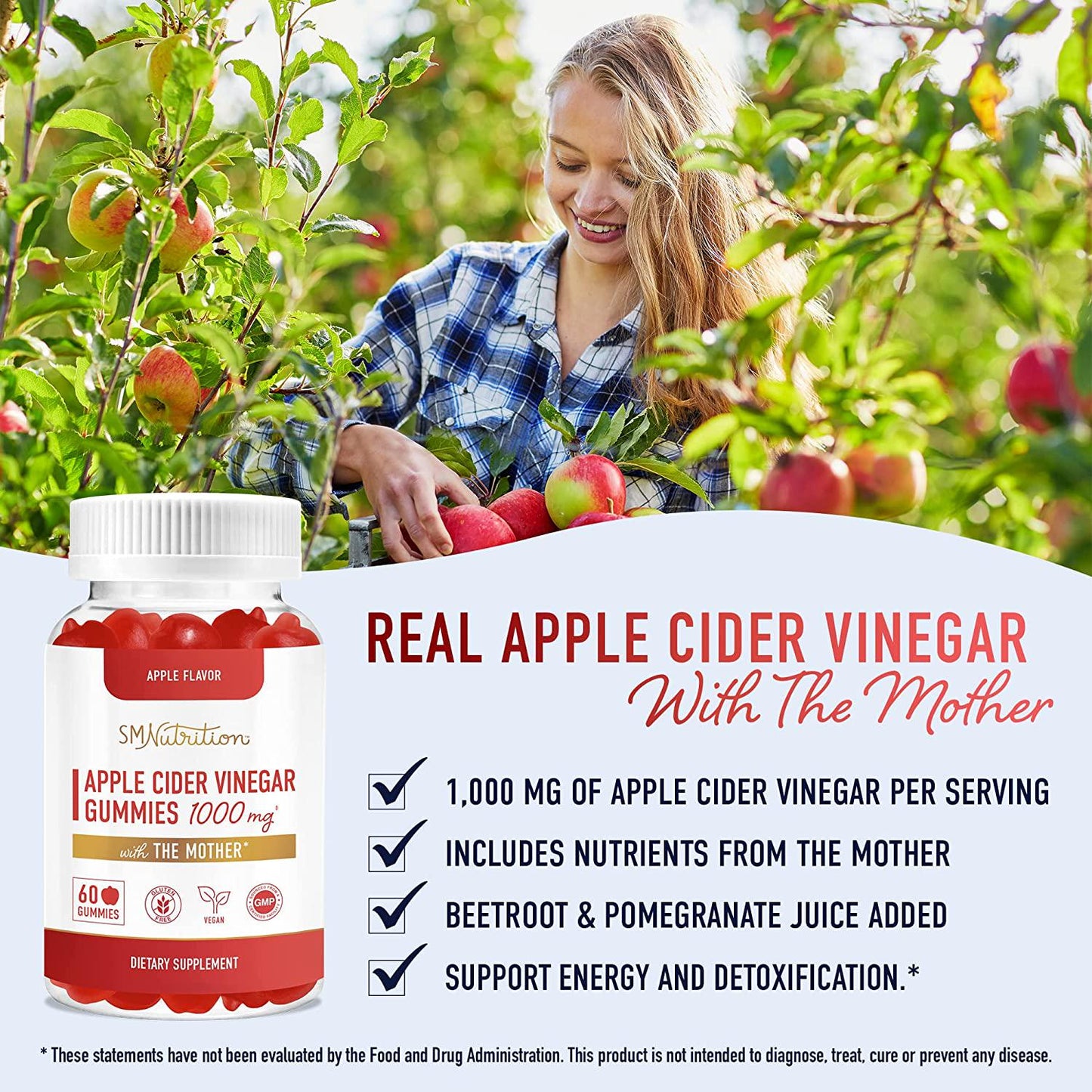 Apple Cider Vinegar Gummies Vitamins 1000mg with The Mother (60 Count, 30 Day Supply) Weight Loss, Immunity*, Energy* and Detox*; Vitamin B9, B12, Beetroot and Pomegranate; Non-GMO, Gluten-Free, Vegan