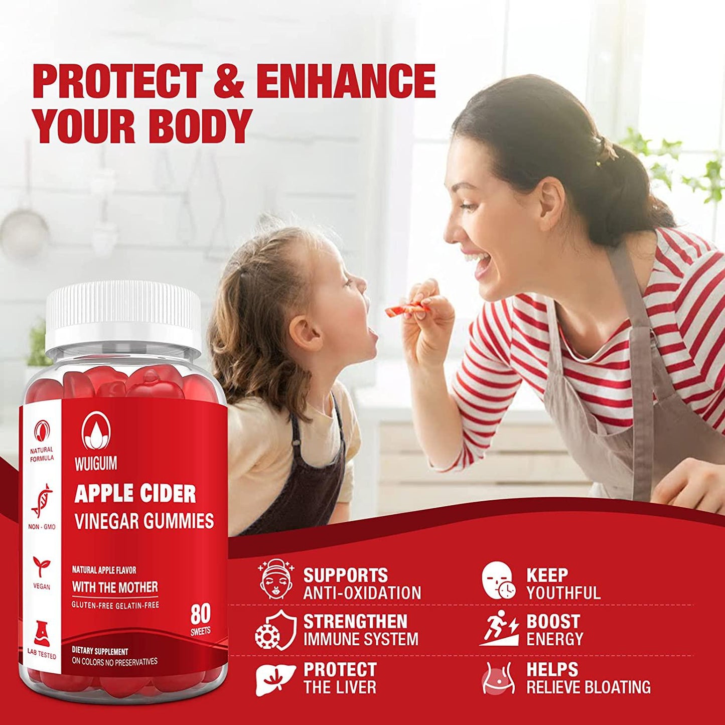 Apple Cider Vinegar Gummies with The Mother - Immunity and Detox - ACV Gummies Sugar Free Dietary Supplement - Natural Apple Flavor, Gelatin-Free, Vegan - Adults and Kids (4 Packs)