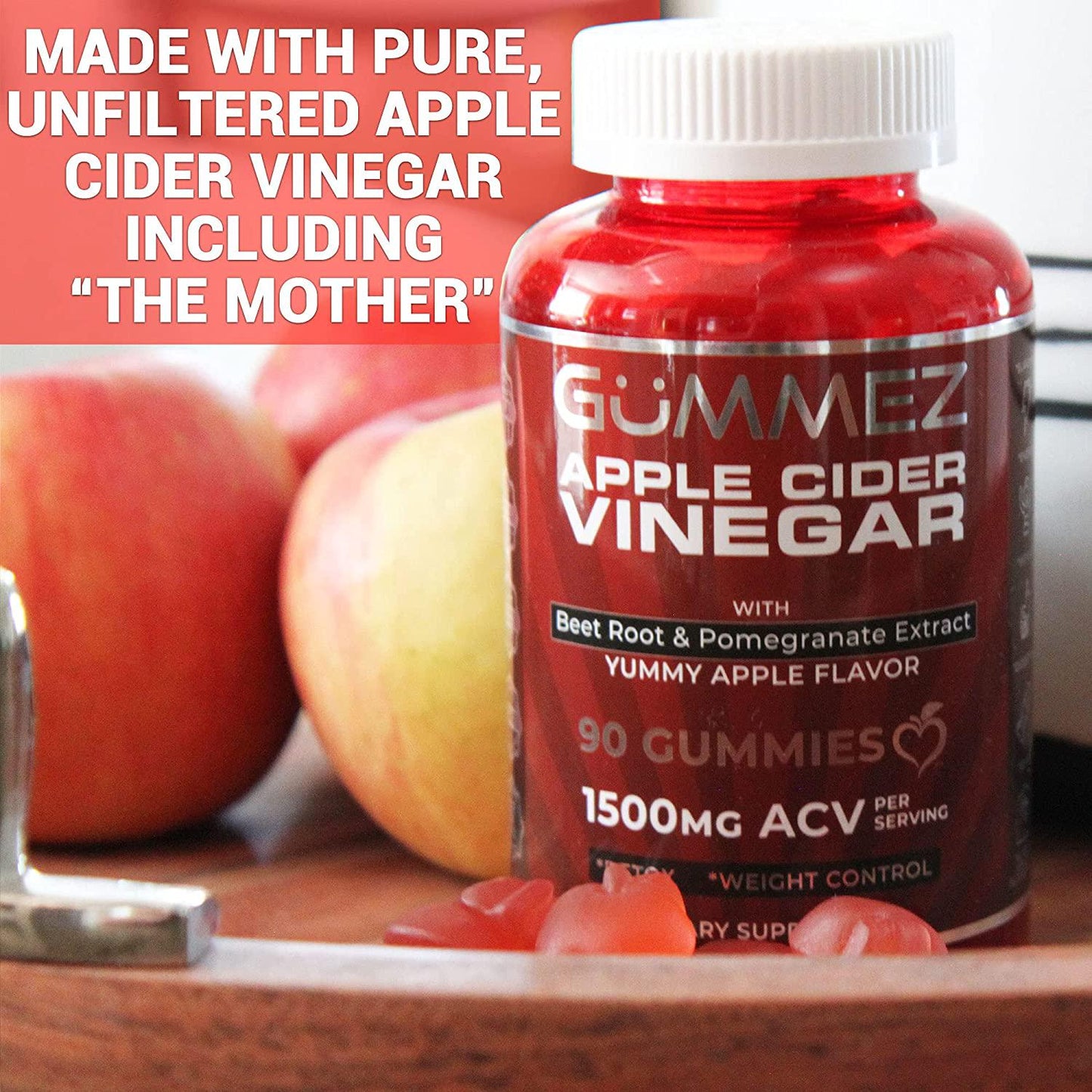 Apple Cider Vinegar Gummies - 90 Count, 1500mg. Gummez ACV Gummies Support ACV Detox, Healthy Weight and Energy and Taste Great Compared to Pills, Capsules, Tablets
