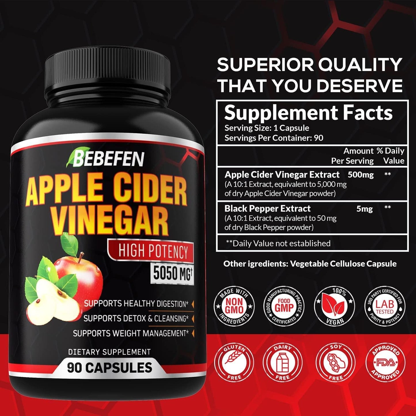 Apple Cider Vinegar Capsules - 5050mg Formula Pills with Black Pepper Extract - 90 Capsules Apple Cider Vinegar Pills for Supports Healthy Weight Management, Digestion, Detox and Immune -3 Months Supply