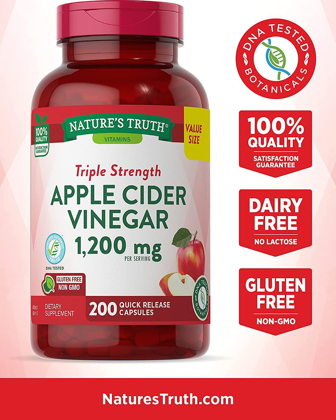 Apple Cider Vinegar Capsules | 600mg | 200 Pills | Value Size | Vegetarian, Non-GMO, Gluten Free | by Nature's Truth