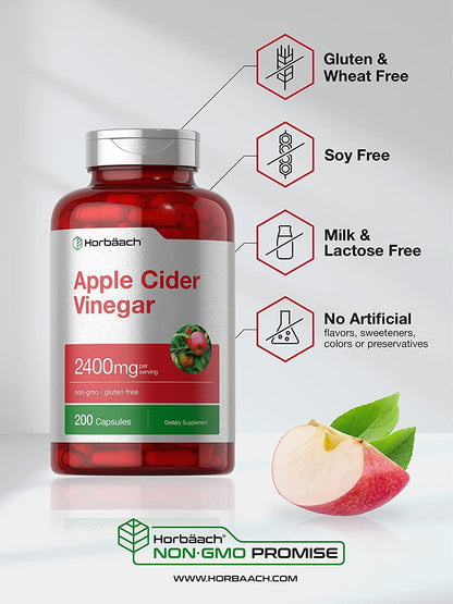 Apple Cider Vinegar Capsules | 2400mg | 200 Pills | Non-GMO, Gluten Free Supplement | by Horbaach