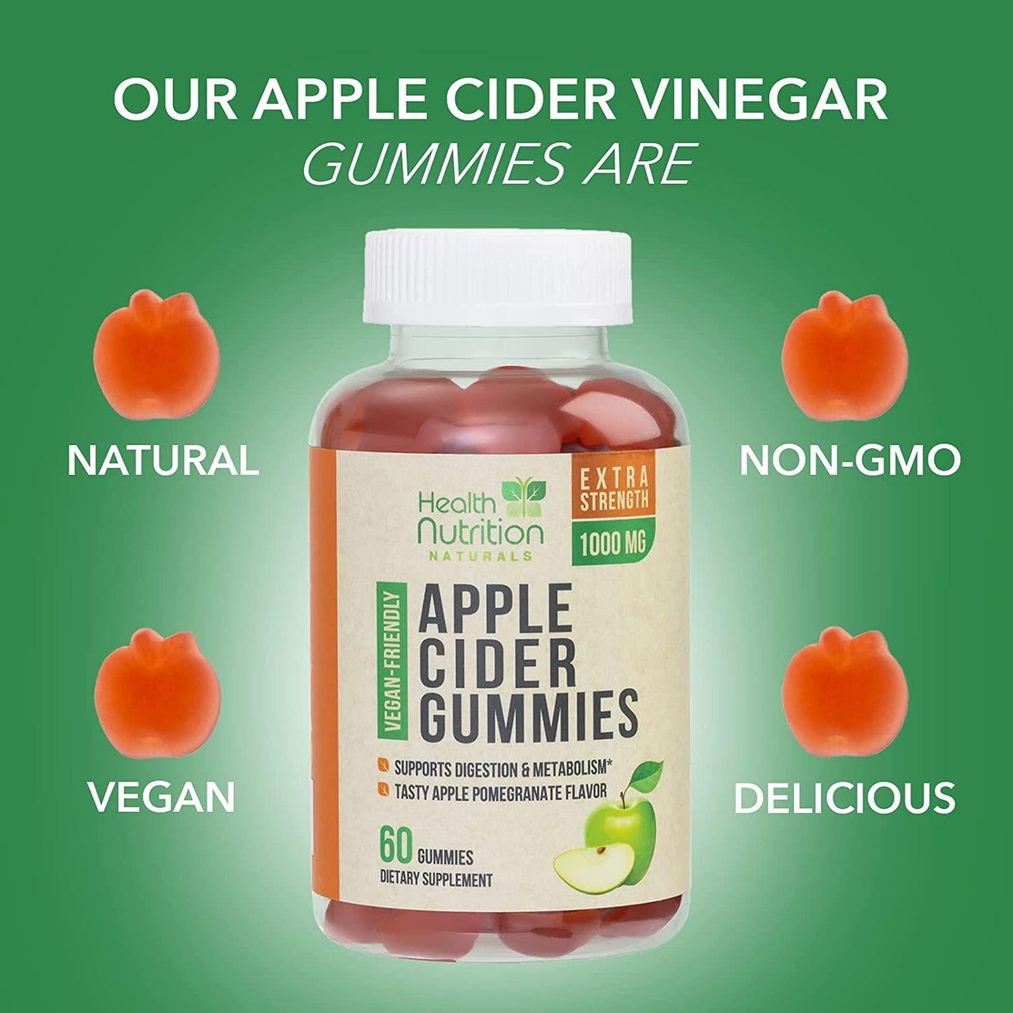 Apple Cider Vinegar Gummies for Health Support and Cleanse 1000mg - Delicious Natural ACV Gummy Vitamins - Folic Acid, Beet Juice, Pomegranate - Non-GMO - 60 Gummies