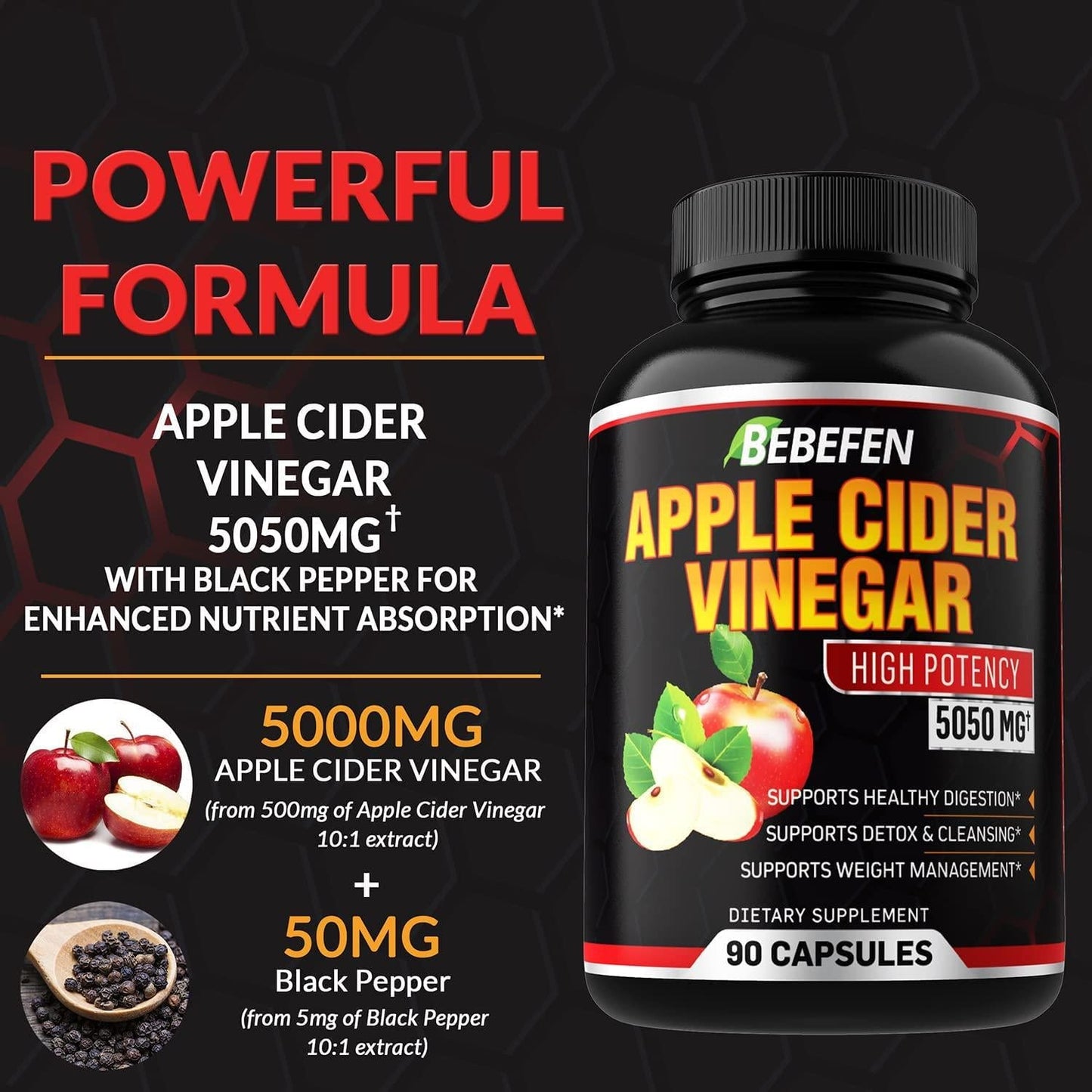 Apple Cider Vinegar Capsules - 5050mg Formula Pills with Black Pepper Extract - 90 Capsules Apple Cider Vinegar Pills for Supports Healthy Weight Management, Digestion, Detox and Immune -3 Months Supply