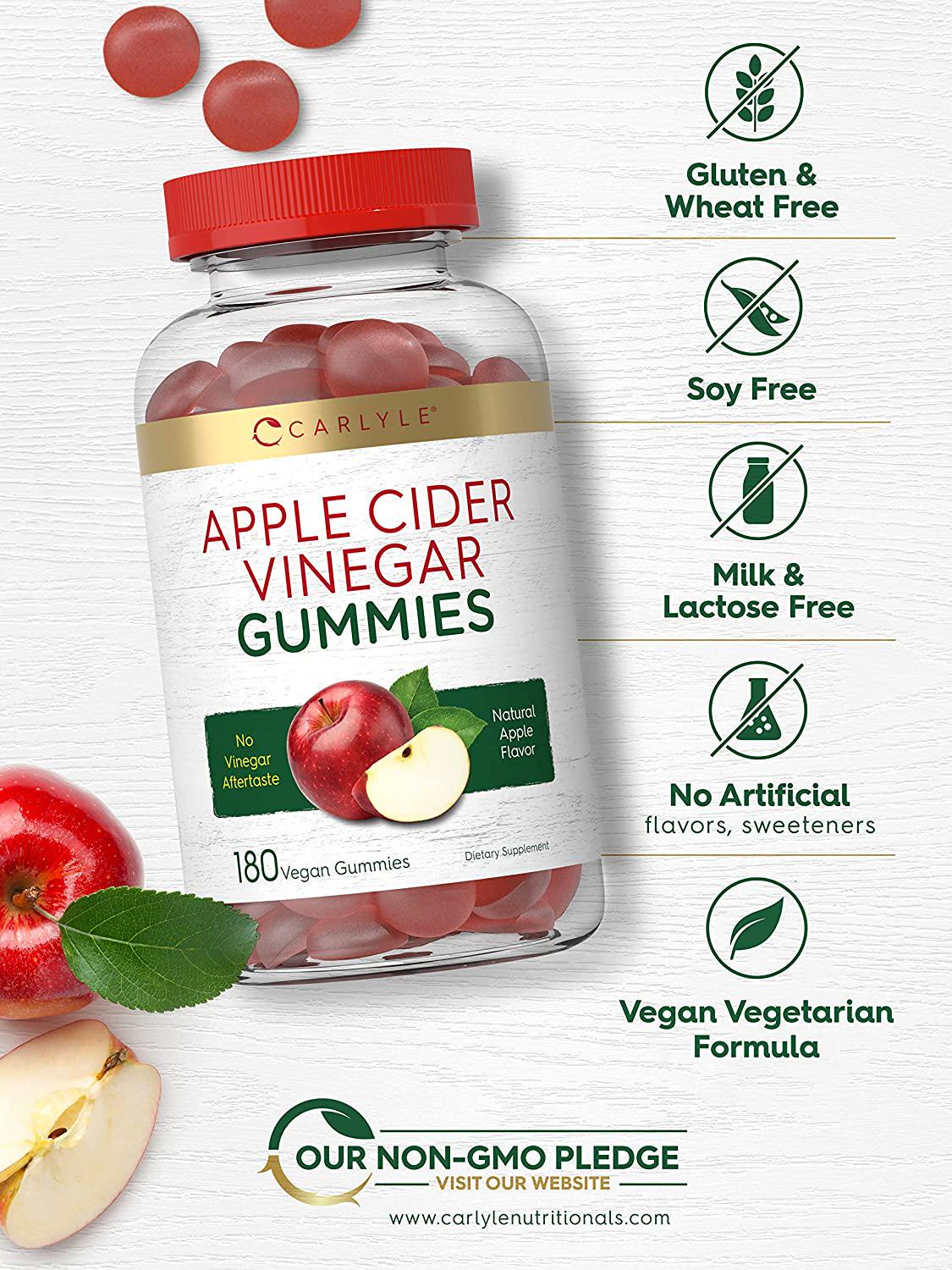 Apple Cider Vinegar Gummies | 180 Count | Natural Apple Flavor | Vegan, Non-GMO, Gluten Free | ACV Supplement | by Carlyle