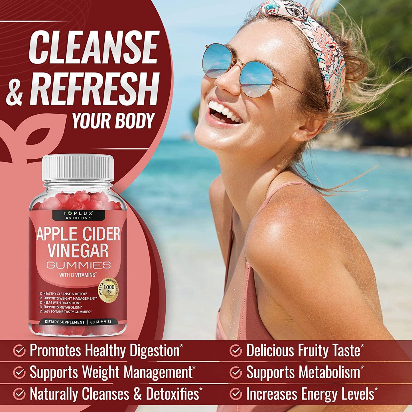 Apple Cider Vinegar Gummies - 1000mg Organic ACV with The Mother for Immune System, Detox and Cleanse, Gummy Alternative to Apple Cider Vinegar Capsules, for Men Women, 60 Gummies, toplux Supplement