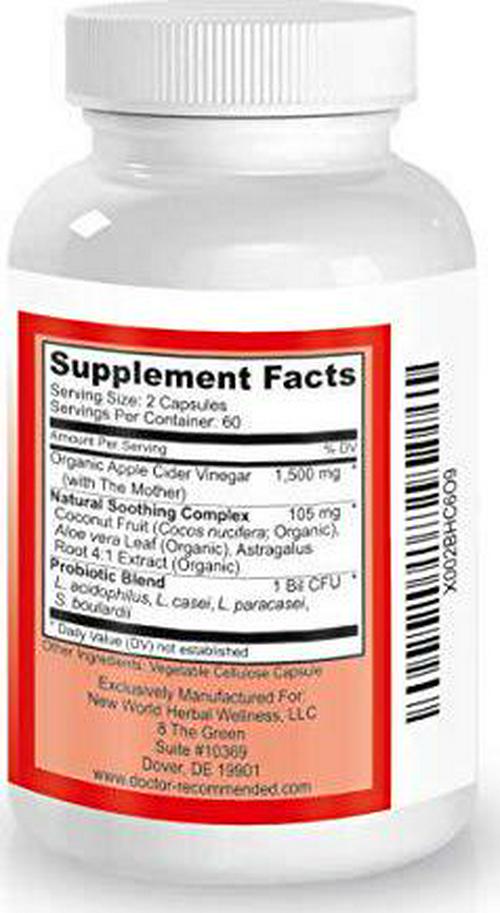 Apple Cider Vinegar Capsules - 100% Organic Apple Cider Vinegar Pills 1500 mg - Natural Digestion, Immune Booster Support and Cleansing Supplement with Probiotics - Made in The USA