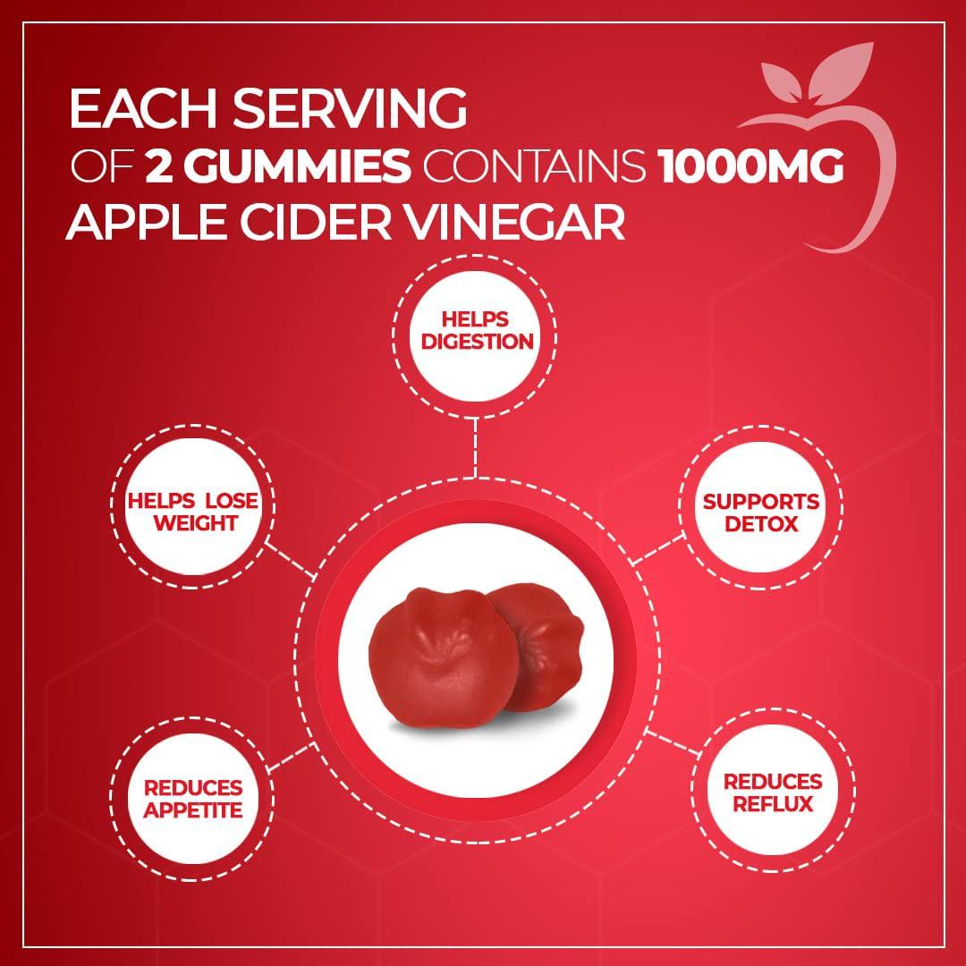 Apple Cider Vinegar Gummies 1000mg, Vitamins B9 and B12, Helps Weight Control and Detox, Beetroot and Pomegranate Extract, Provides Fast Energy Boost, Tastes Great (Count 60) (Pack of 1)