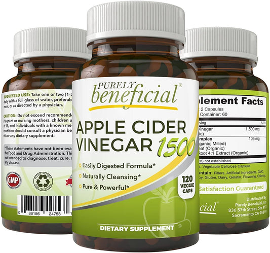 Apple Cider Vinegar 1500mg - Raw, Non-GMO, Extra Strength, 120 or 180 Capsules, Vegetarian (120 Capsules)