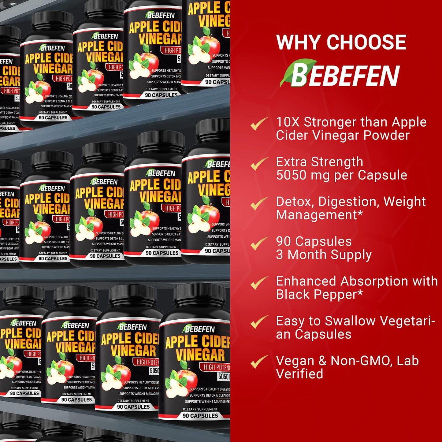 Apple Cider Vinegar Capsules - 5050mg Formula Pills with Black Pepper Extract - 90 Capsules Apple Cider Vinegar Pills for Supports Healthy Weight Management, Digestion, Detox and Immune -3 Months Supply