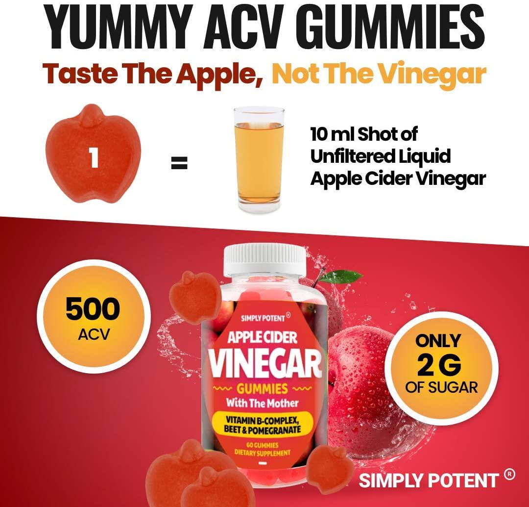 Apple Cider Vinegar Gummies, Tasty Alternative to Apple Cider Vinegar Capsules, ACV Gummies with The Mother for Weight Loss, 60 500mg Pills with Pomegranate, Beet and B Vitamins for Gut Cleanse and Detox