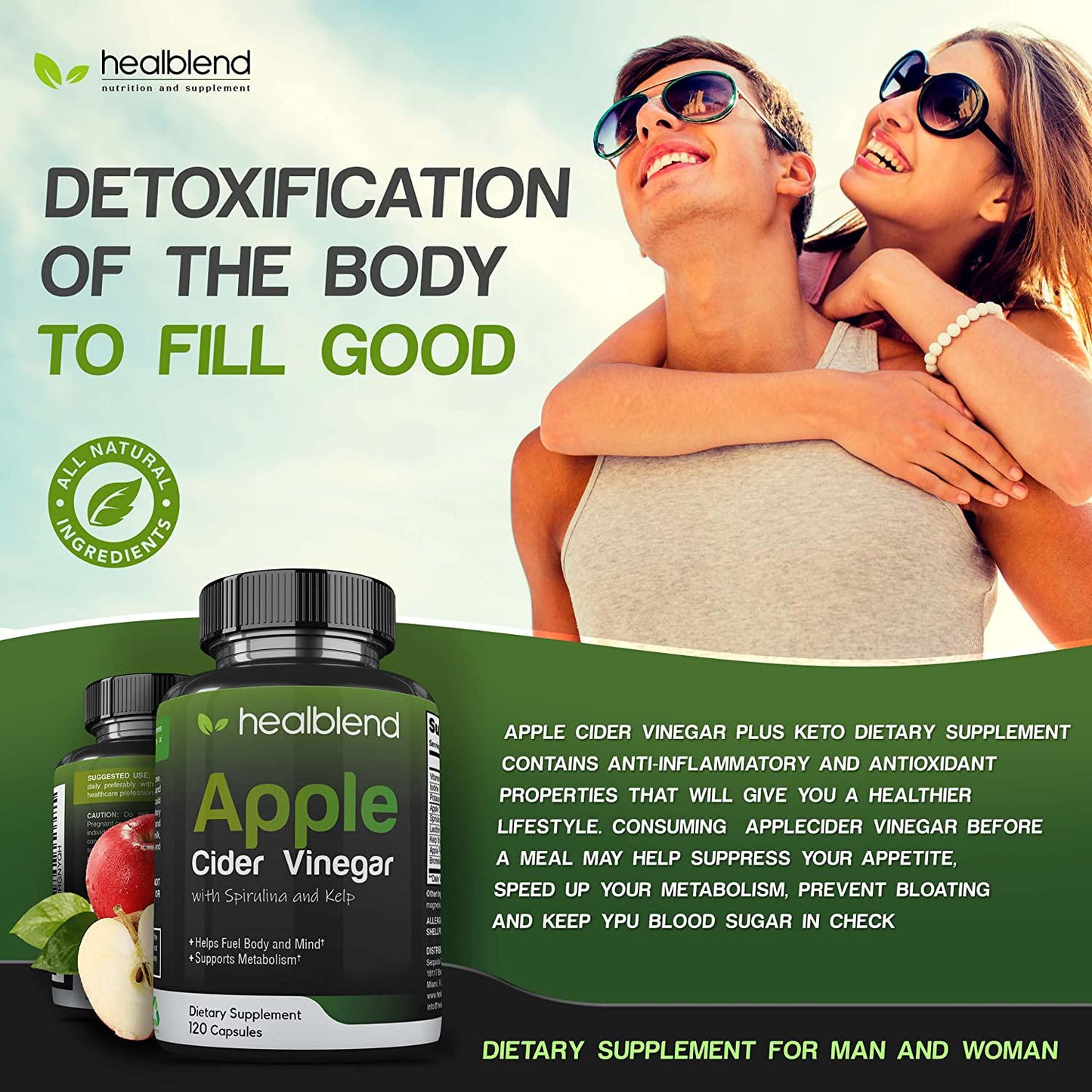 Apple Cider Vinegar with Spirulina and Kelp Dietary Supplement - Metabolism, Detox and Immune Support Formula - Keto Diet Pills for Women Men, 120 Capsules
