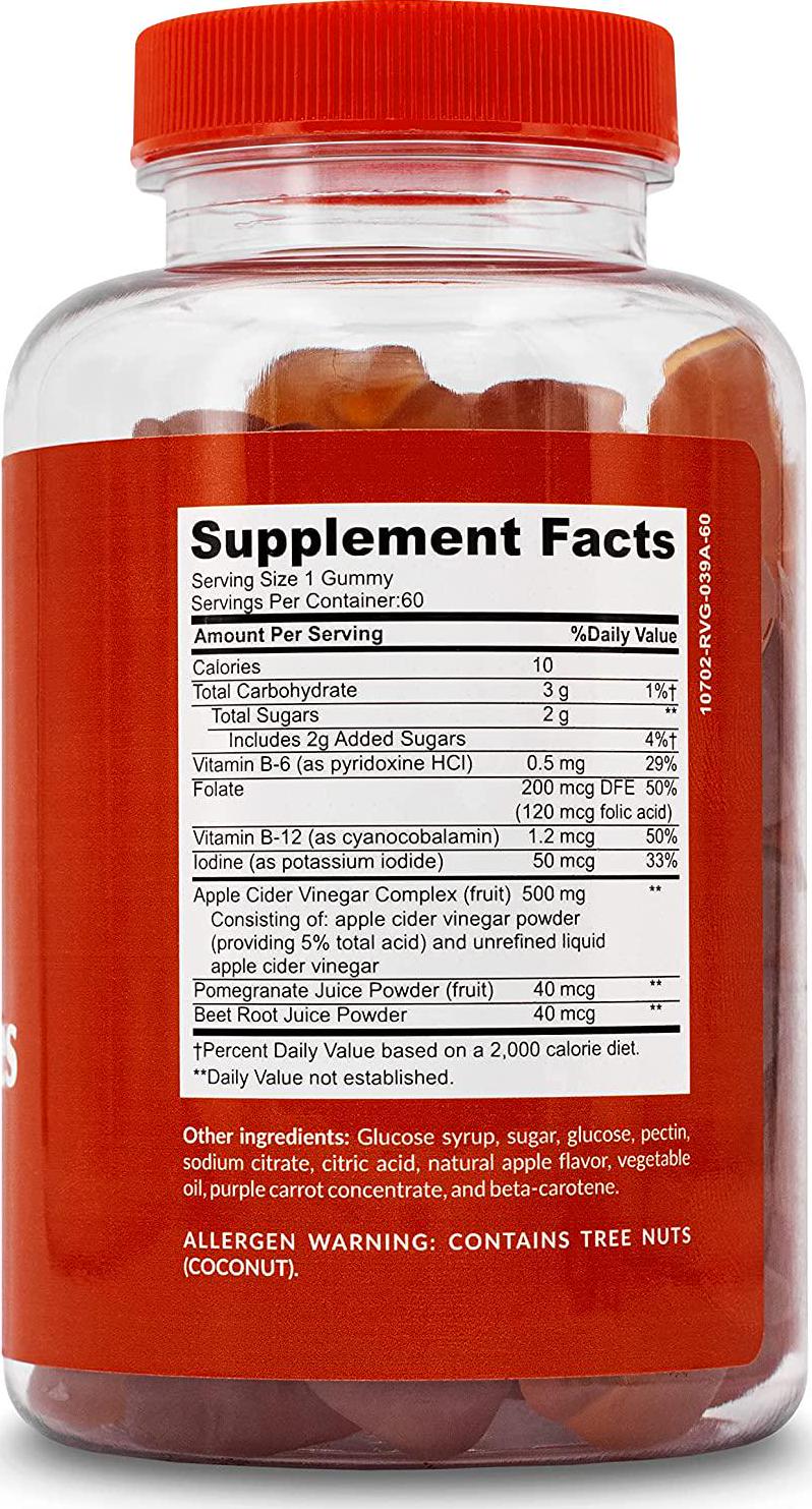 Apple Cider Vinegar Gummy Vitamins with The Mother by FuelSelf, 1 Pack, 60 Count :: Weight Loss, Immunity, Detox :: Vegan, Gluten-Free, Vitamin B6, B12, Pomegranate, Beet Root