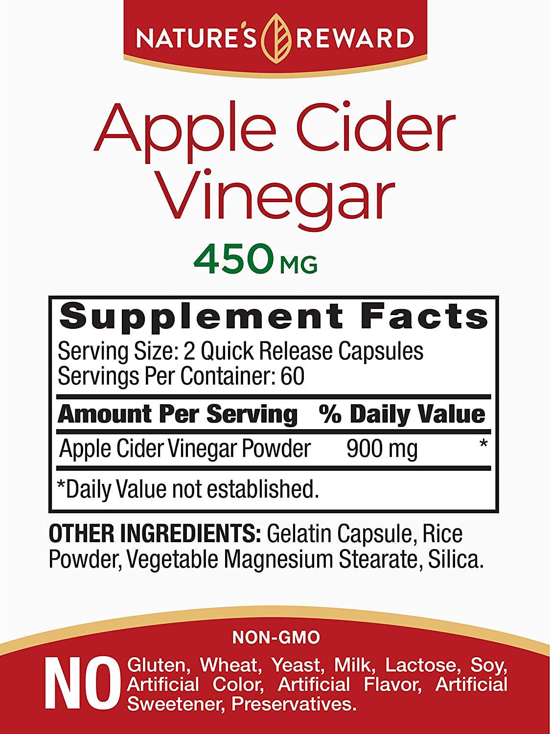 Apple Cider Vinegar Capsules - 120 Count - Non-GMO and Gluten Free Supplement - Nature&#039;s Reward