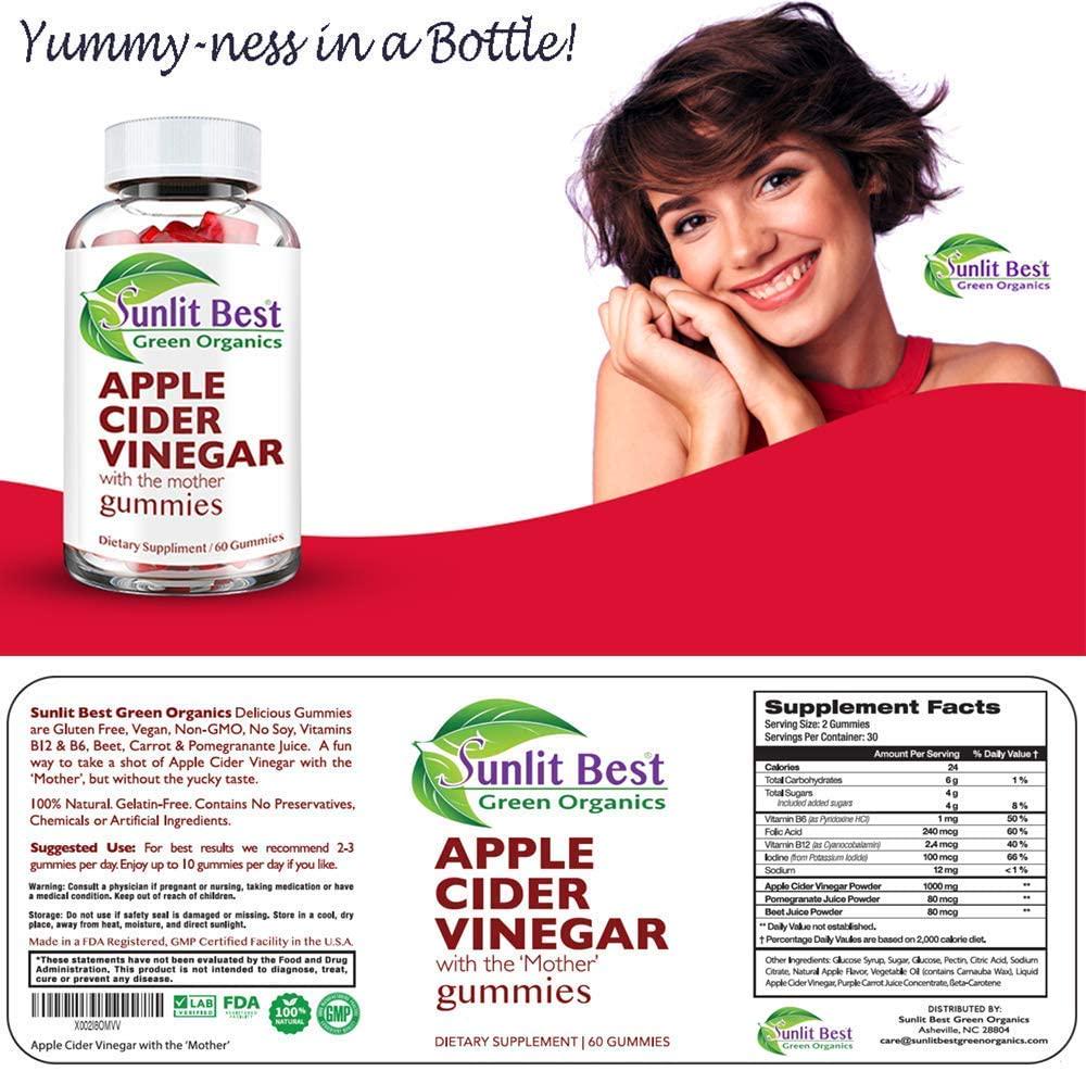 Apple Cider Vinegar Vitamins with The Mother, Delicious Immunity, Gluten Free Detox, Vegan, 100% Natural, Non-GMO, No Soy, No Gelatin, B12, B6, Beet, Carrot and Pomegranate - 1 Month Supply