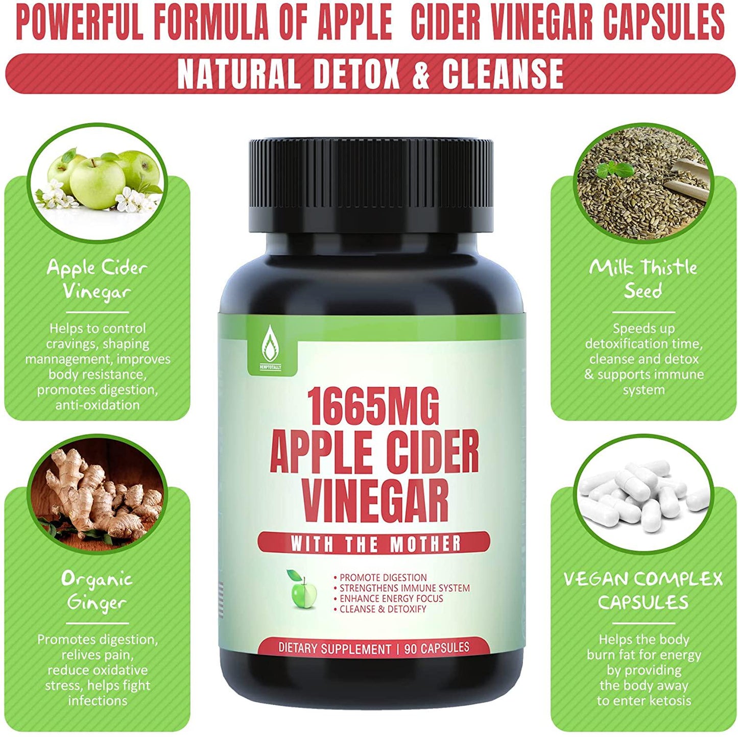 Apple Cider Vinegar Capsules with The Mother, New Formula with Milk Thistle Seed, Ginger Root, for Immune Support, Liver Health, Energy Boost, Shaping Management, Non-GMO, Sugar-Free, 90 Capsules