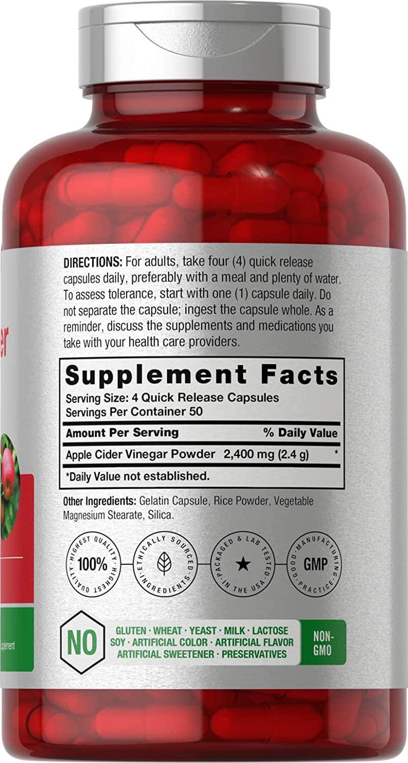 Apple Cider Vinegar Capsules | 2400mg | 200 Pills | Non-GMO, Gluten Free Supplement | by Horbaach