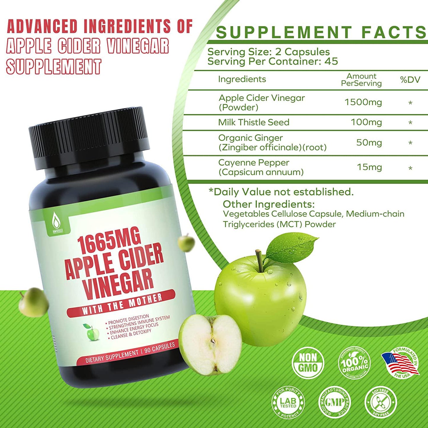 Apple Cider Vinegar Capsules with The Mother, New Formula with Milk Thistle Seed, Ginger Root, for Immune Support, Liver Health, Energy Boost, Shaping Management, Non-GMO, Sugar-Free, 90 Capsules