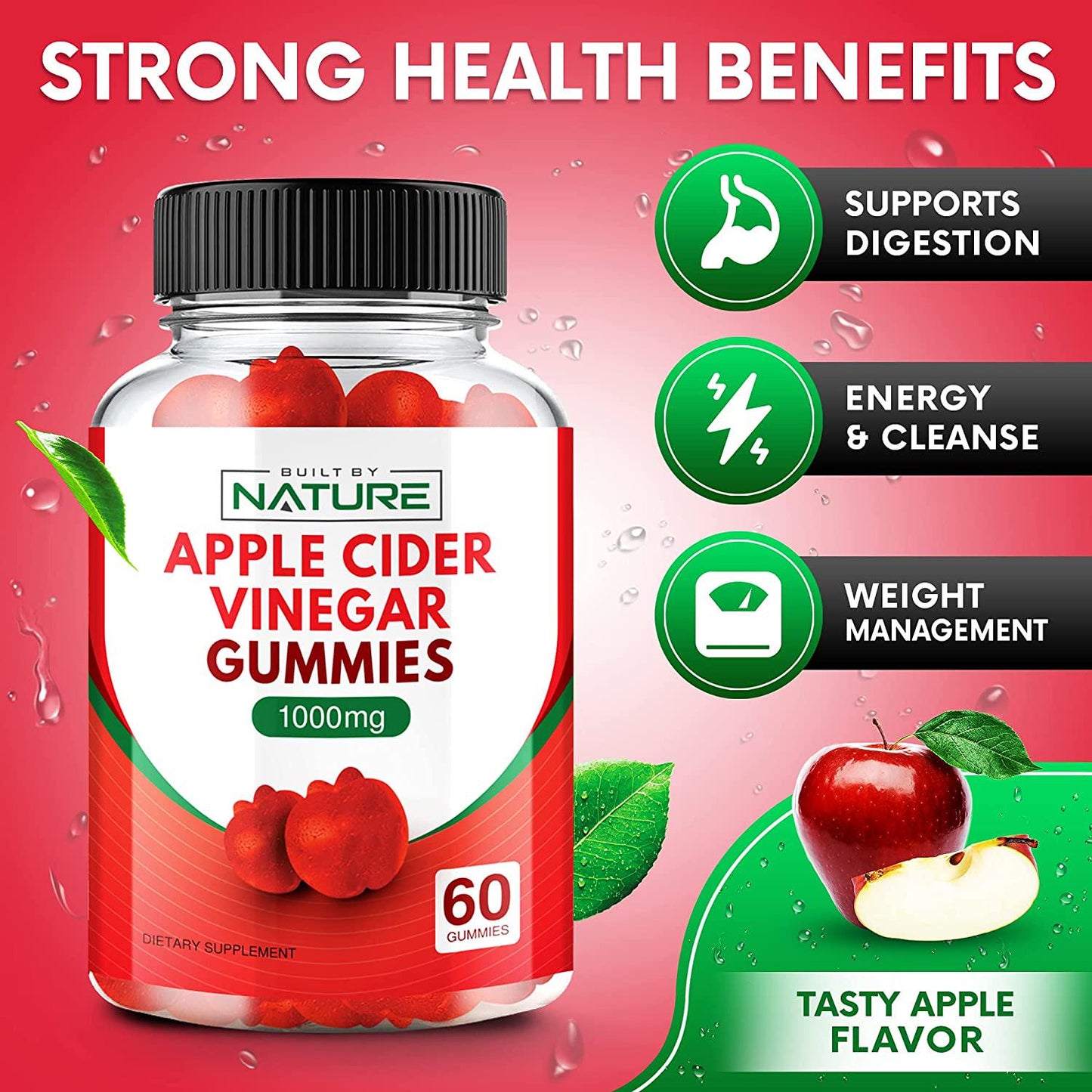 Apple Cider Vinegar Gummies 1000mg ACV from The Mother with Folic Acid, Vitamin B12, Beetroot, and Pomegranate, Chewable Apple Cider Gummy for Cleanse, Digestion, and Energy, Apple Flavor, 60 Gummies