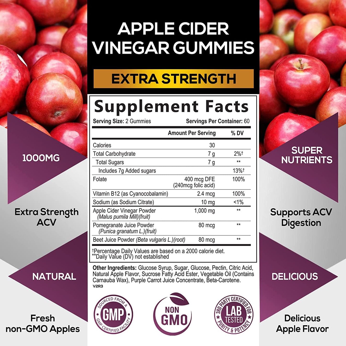 Apple Cider Vinegar Gummies for Natural Health Support 1000mg - Premium Natural ACV Gummy Vitamin - Cleanse - Folic Acid, Beet Juice, Pomegranate - Non-GMO - 120 Gummies