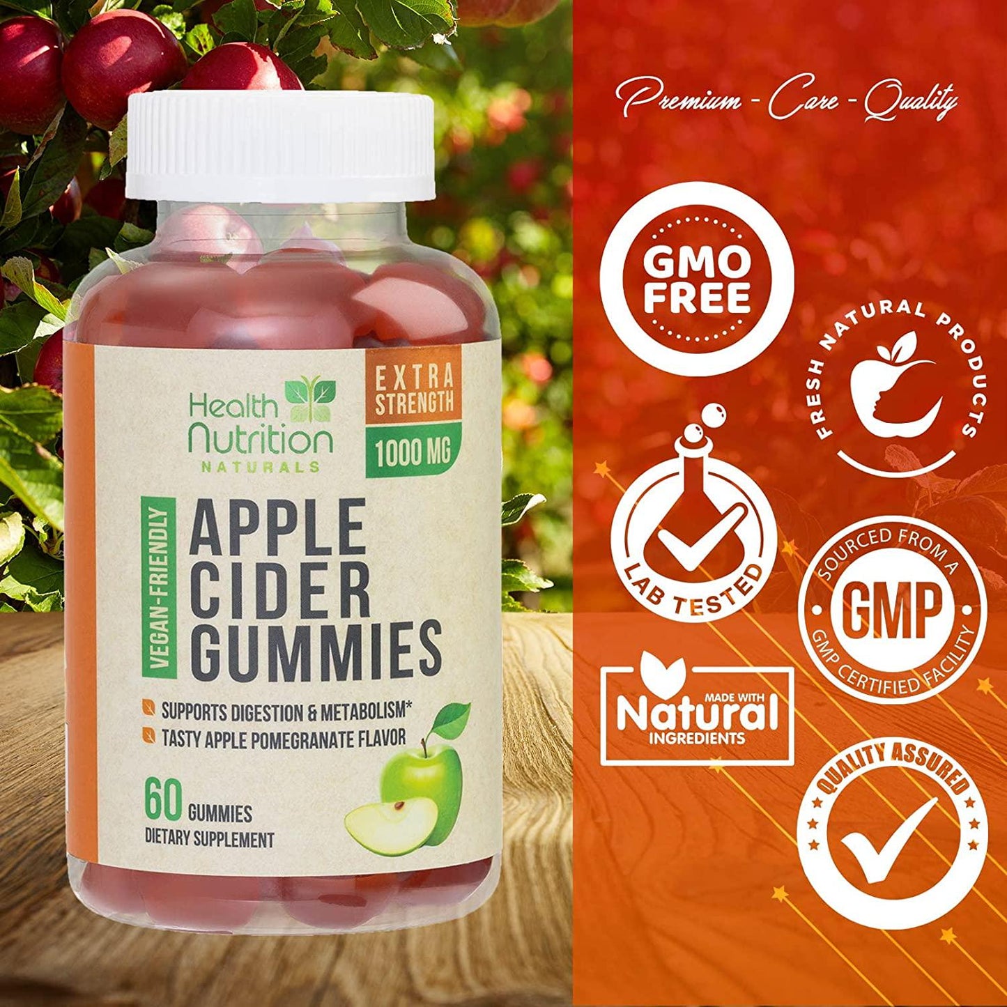 Apple Cider Vinegar Gummies for Health Support and Cleanse 1000mg - Delicious Natural ACV Gummy Vitamins - Folic Acid, Beet Juice, Pomegranate - Non-GMO - 60 Gummies