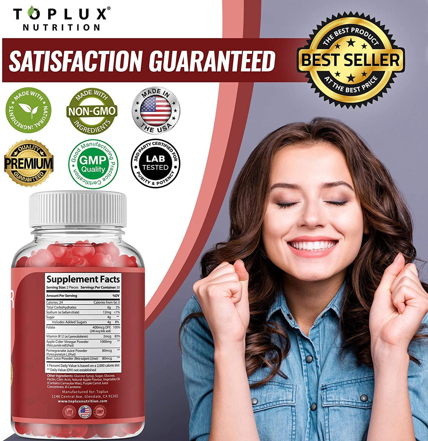 Apple Cider Vinegar Gummies - 1000mg Organic ACV with The Mother for Immune System, Detox and Cleanse, Gummy Alternative to Apple Cider Vinegar Capsules, for Men Women, 60 Gummies, toplux Supplement