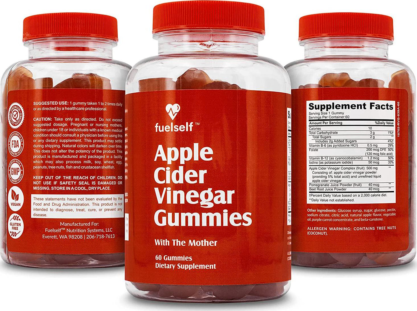 Apple Cider Vinegar Gummy Vitamins with The Mother by FuelSelf, 1 Pack, 60 Count :: Weight Loss, Immunity, Detox :: Vegan, Gluten-Free, Vitamin B6, B12, Pomegranate, Beet Root