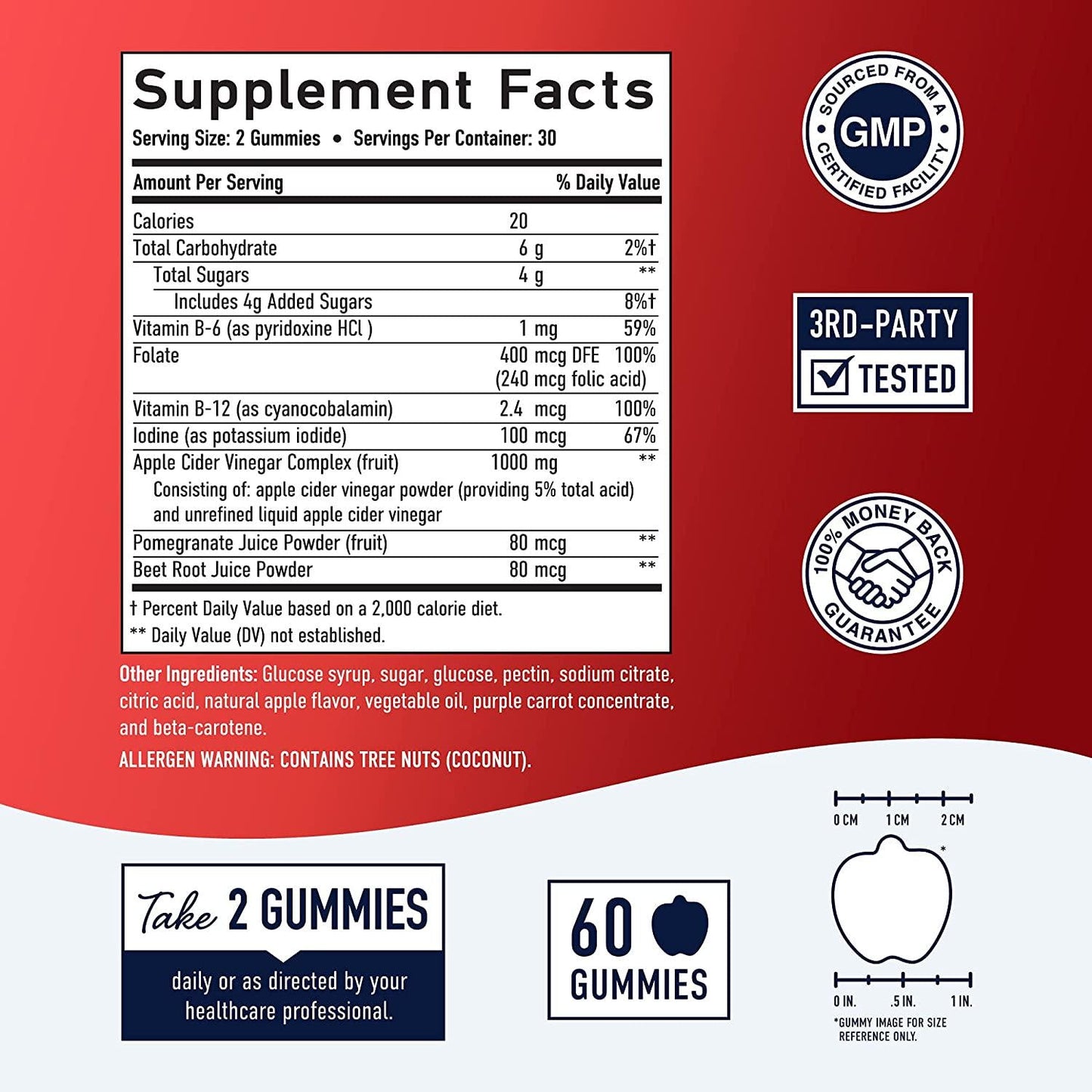 Apple Cider Vinegar Gummies Vitamins 1000mg with The Mother (60 Count, 30 Day Supply) Weight Loss, Immunity*, Energy* and Detox*; Vitamin B9, B12, Beetroot and Pomegranate; Non-GMO, Gluten-Free, Vegan