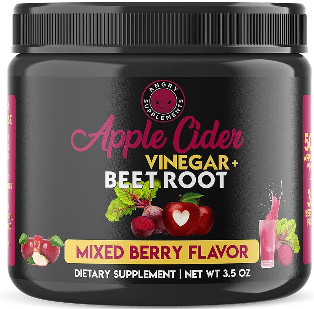 Apple Cider Vinegar + Beet Root Powder by Angry Supplements, Nitric Oxide Booster, Digestive Gut Support, Circulation and Energy Drink Mix (1-Jar)