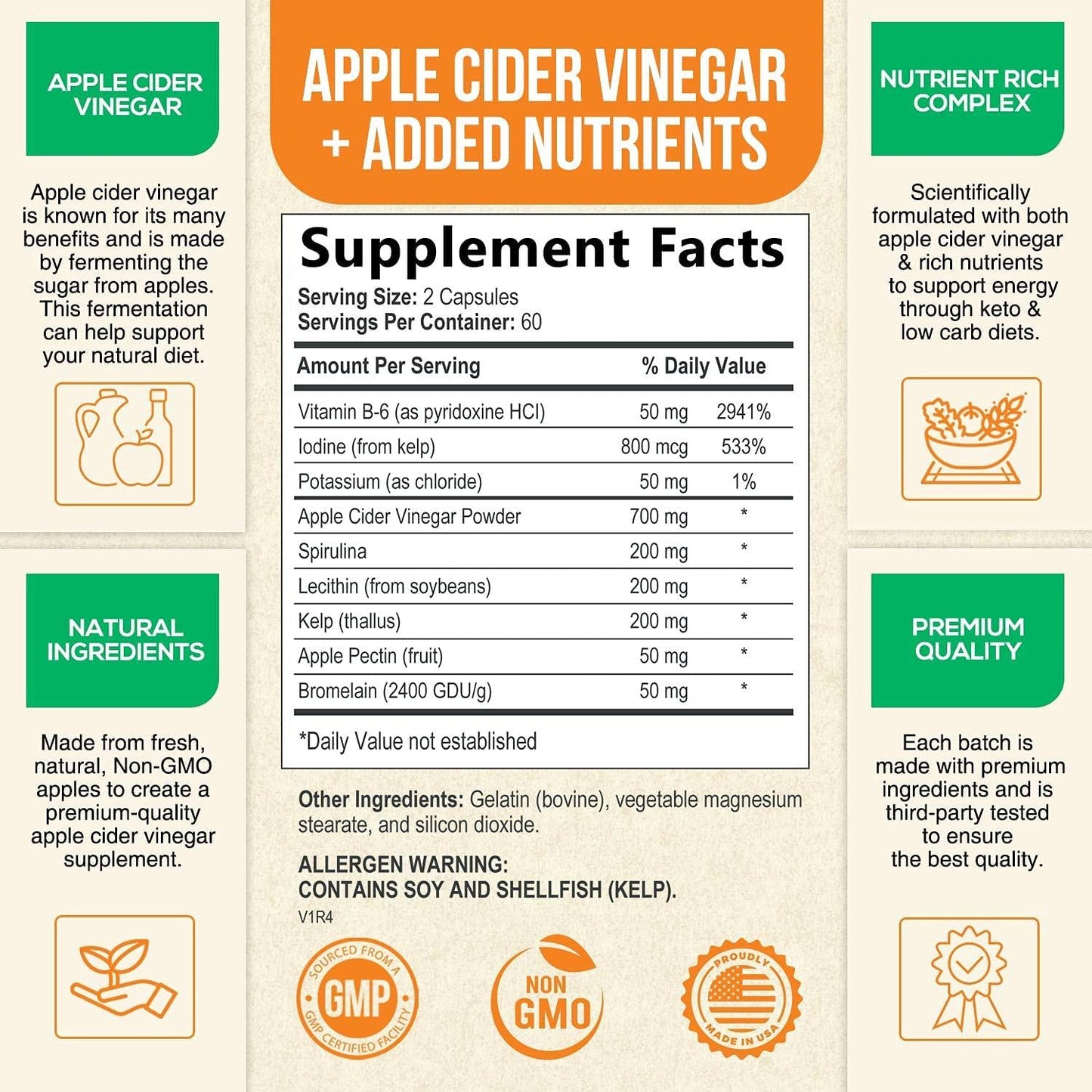 Apple Cider Vinegar Capsules - 1500mg Extra Strength Complex with Non-GMO ACV Capsules - Naturally Sourced Vegan Raw Apple Cider Vinegar for Digestion Support and Keto - 120 Capsules