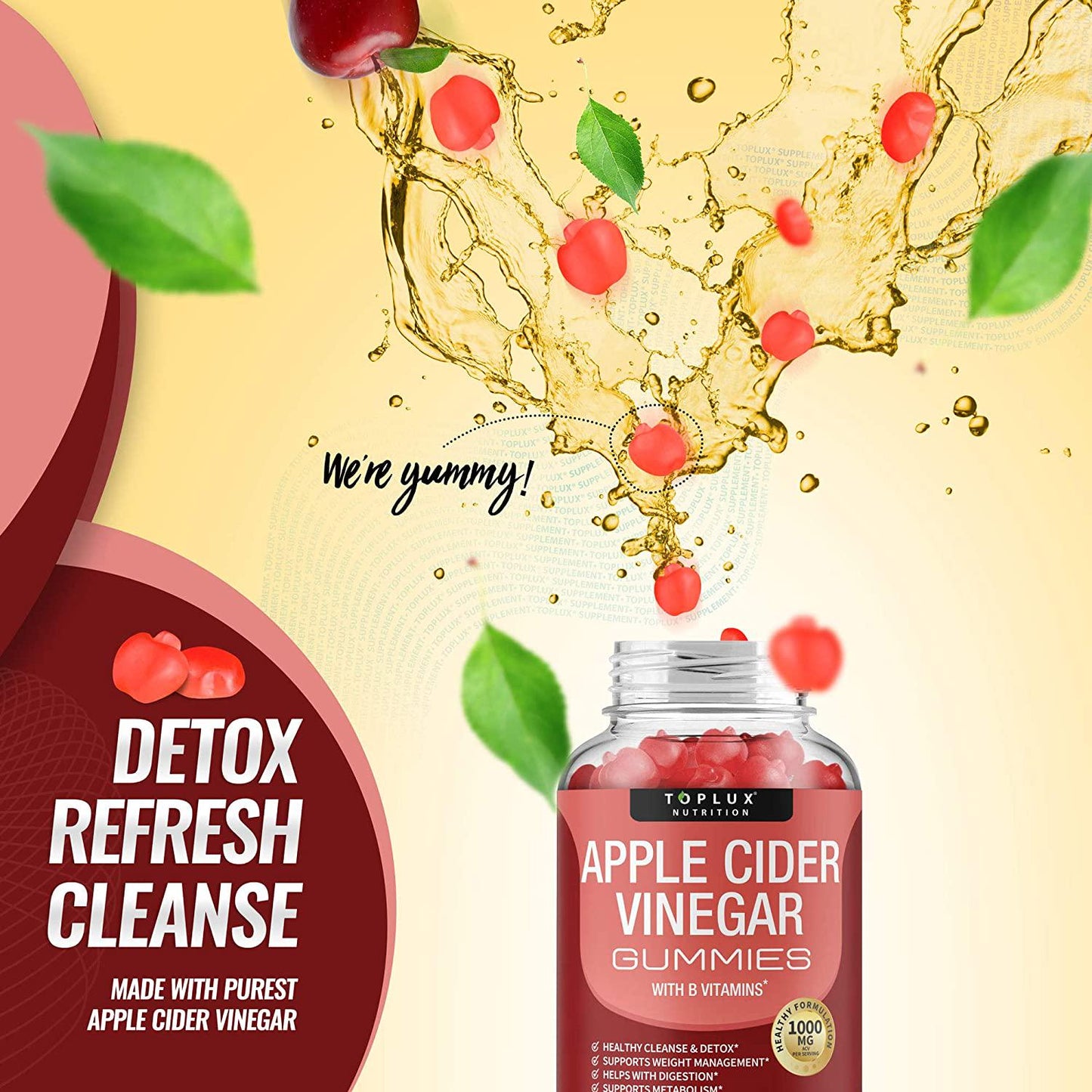 Apple Cider Vinegar Gummies - 1000mg Organic ACV with The Mother for Immune System, Detox and Cleanse, Gummy Alternative to Apple Cider Vinegar Capsules, for Men Women, 60 Gummies, toplux Supplement