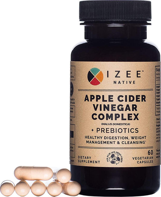 Apple Cider Vinegar Complex + Prebiotic Capsules by Izee Native | 60 Count Organic Apple Cider Vinegar Pills | Tasteless Vegan, Keto, Non-GMO, Raw Apple Cider Vinegar Supplements with Prebiotics