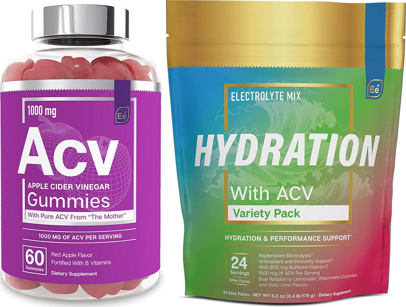Apple Cider Vinegar Gummies from The Mother and Sugar Free Hydration Powder Packets - Variety Pack | 24 Stick Packs | Energy, Improved Performance, Digestion, and Immune Support