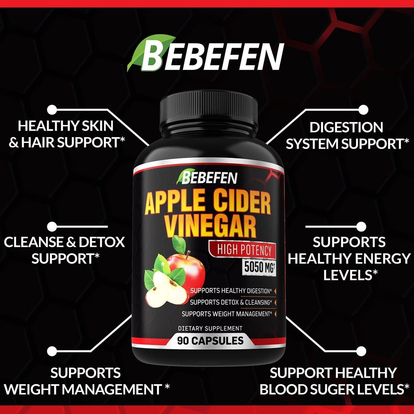 Apple Cider Vinegar Capsules - 5050mg Formula Pills with Black Pepper Extract - 90 Capsules Apple Cider Vinegar Pills for Supports Healthy Weight Management, Digestion, Detox and Immune -3 Months Supply