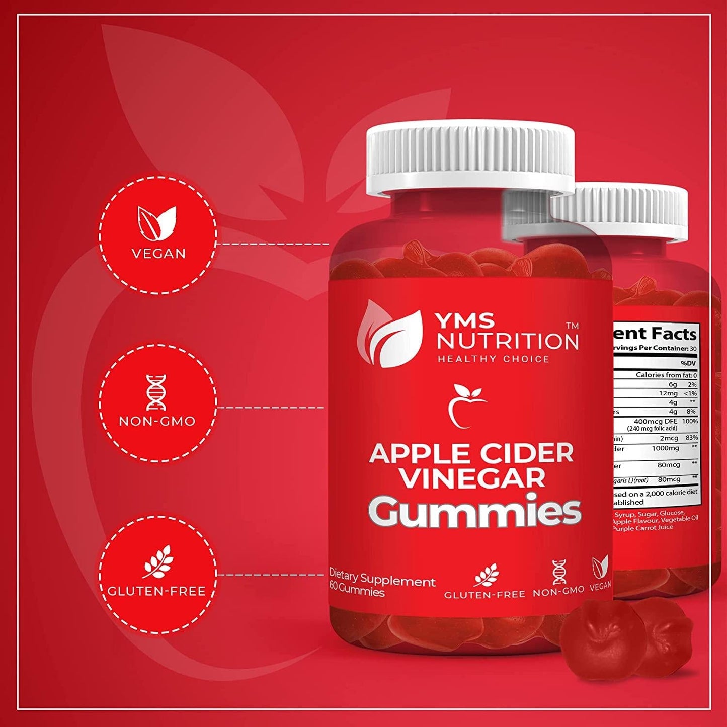 Apple Cider Vinegar Gummies 1000mg, Vitamins B9 and B12, Helps Weight Control and Detox, Beetroot and Pomegranate Extract, Provides Fast Energy Boost, Tastes Great (Count 60) (Pack of 1)