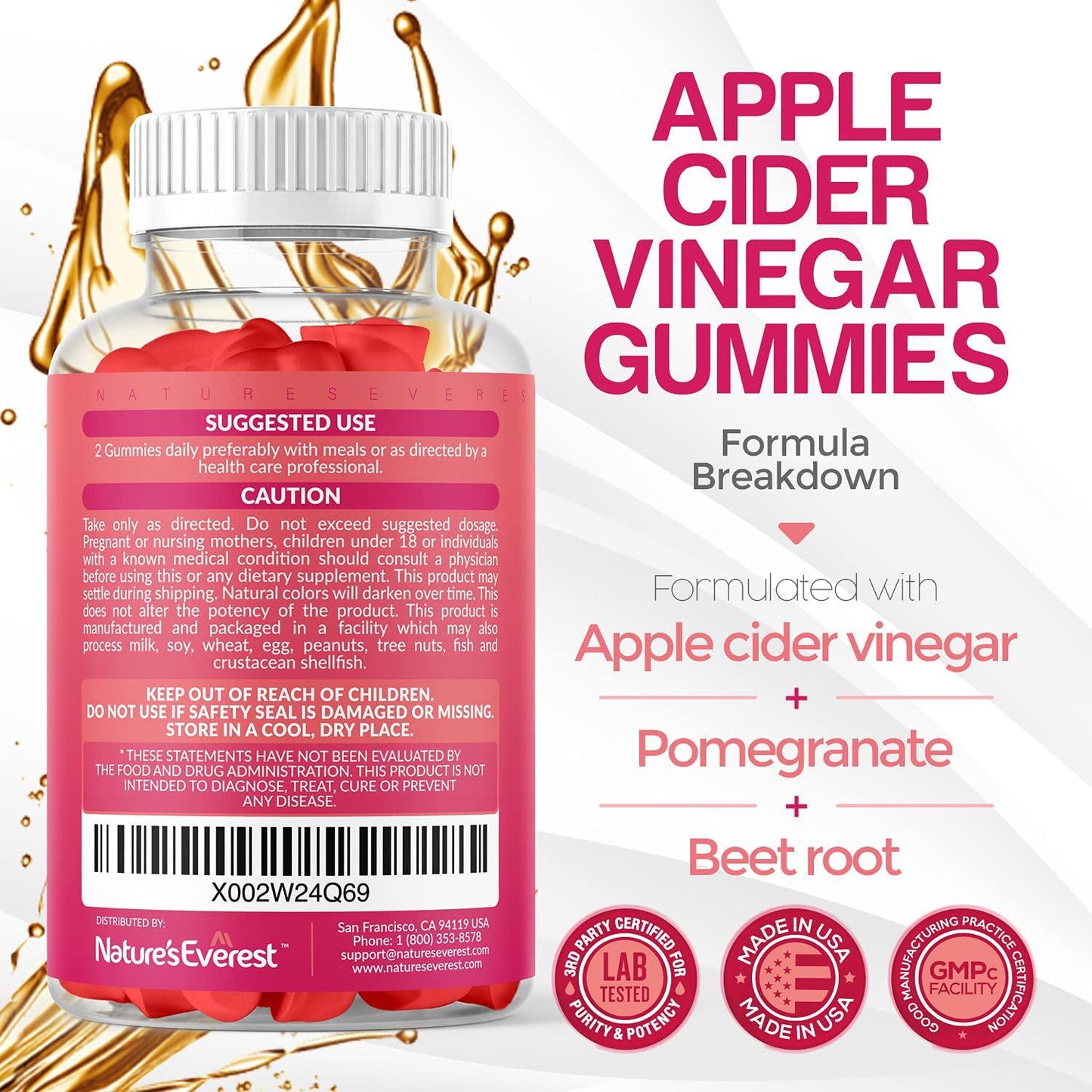 Apple Cider Vinegar Gummies - Supplement for Weight Loss with Beet Root Powder, Vitamin B12 - Folate - VIT B6 - Folic Acid, Supports Digestion, Detox and Cleansing
