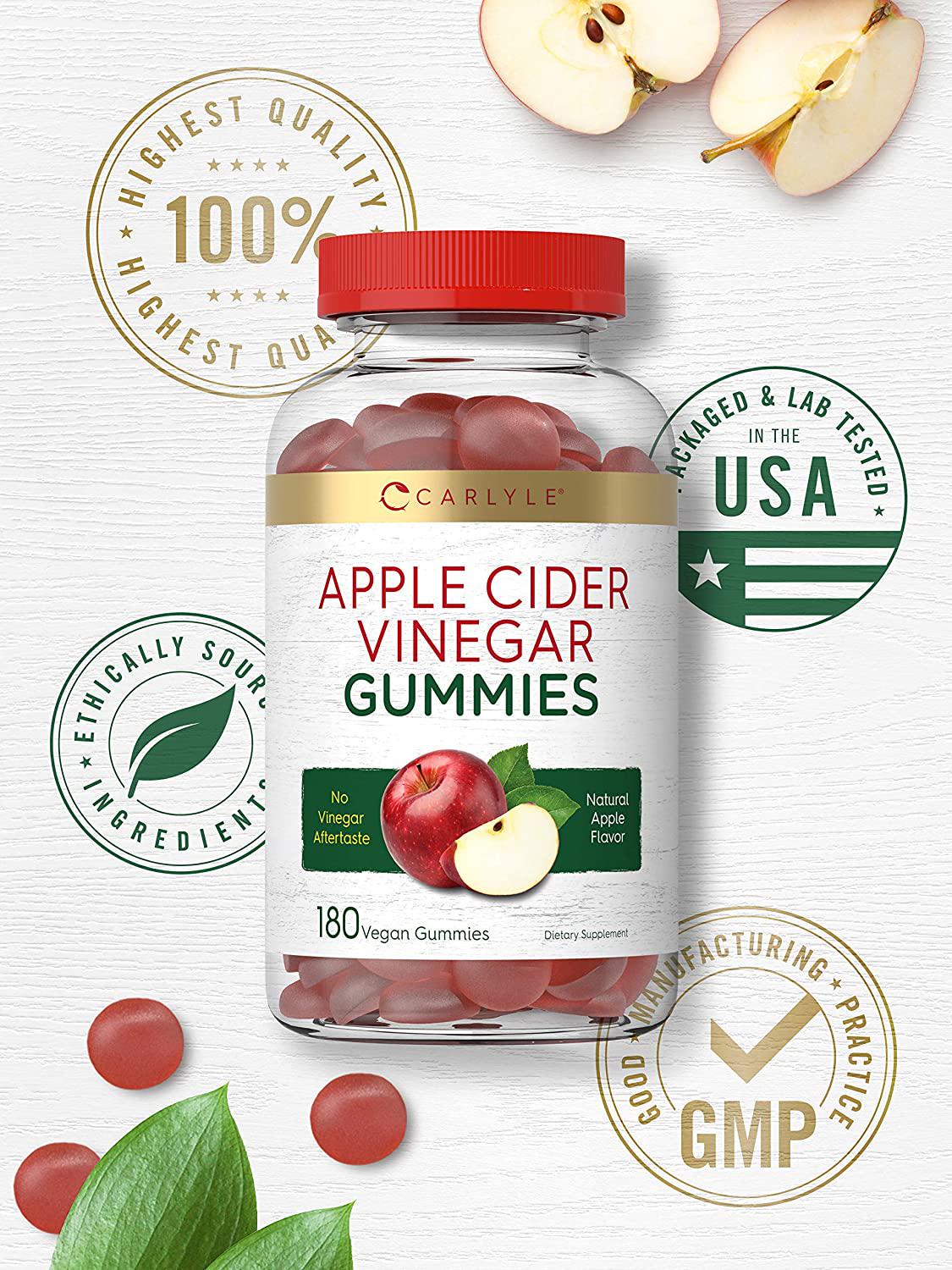 Apple Cider Vinegar Gummies | 180 Count | Natural Apple Flavor | Vegan, Non-GMO, Gluten Free | ACV Supplement | by Carlyle