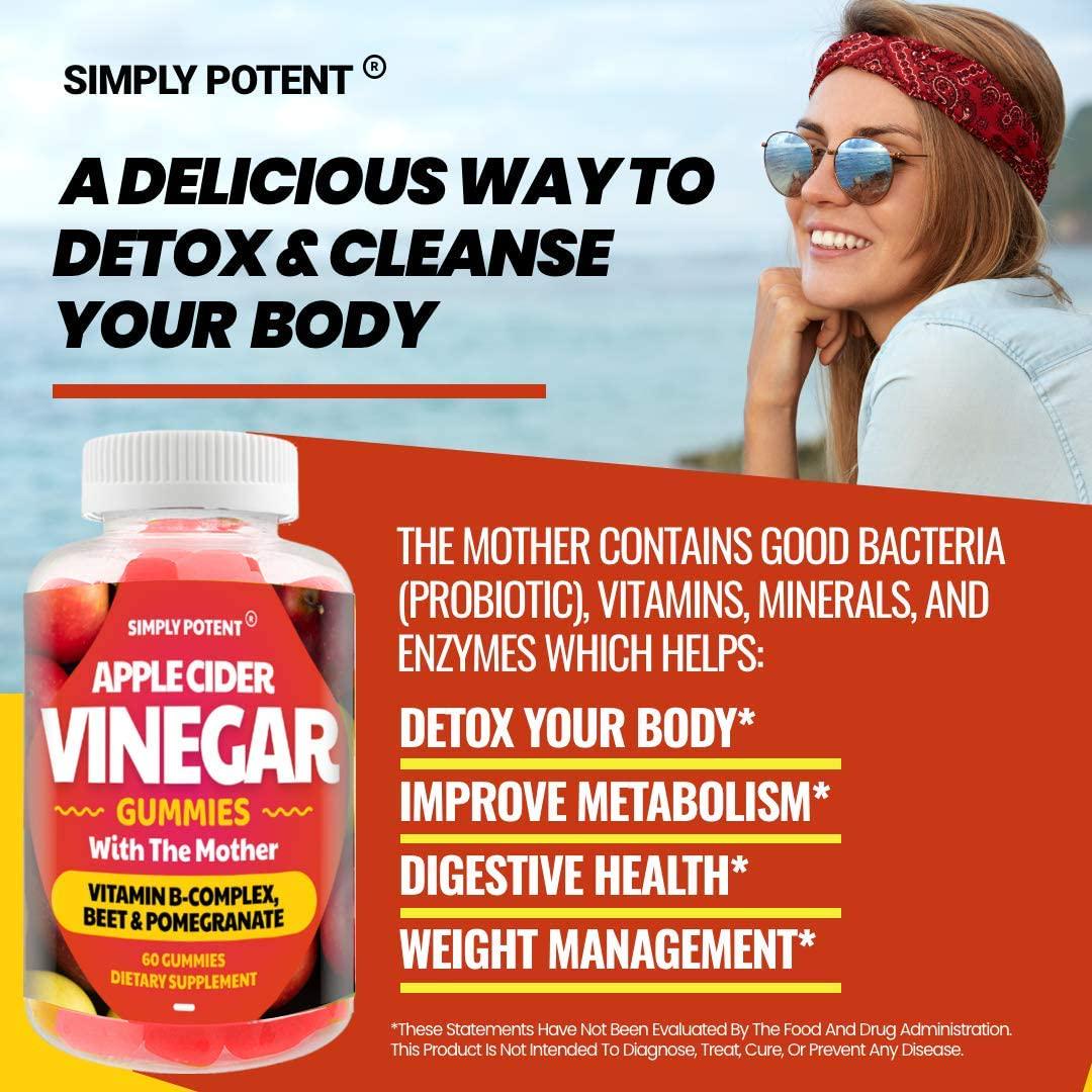 Apple Cider Vinegar Gummies, Tasty Alternative to Apple Cider Vinegar Capsules, ACV Gummies with The Mother for Weight Loss, 60 500mg Pills with Pomegranate, Beet and B Vitamins for Gut Cleanse and Detox