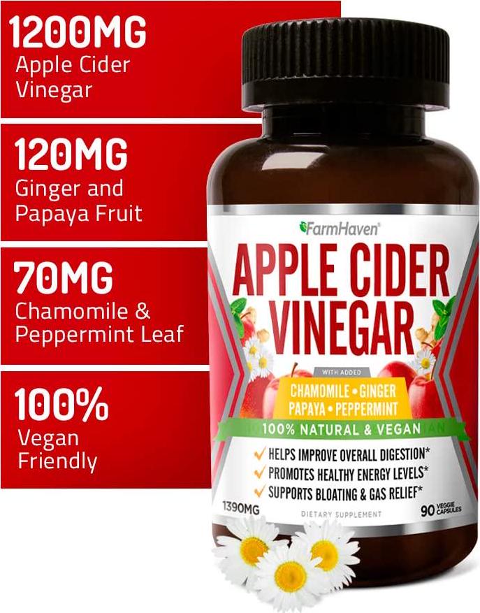 Apple Cider Vinegar Capsules With Ginger, Papaya and Chamomile | 1390mg | Improves Digestion, Energy, Immunity | Soothes Gas and Bloating Issues | Like With Mother | Non-GMO and 100% Natural | 90 Capsules
