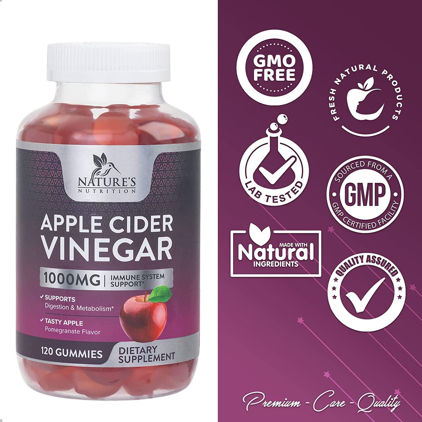 Apple Cider Vinegar Gummies for Natural Health Support 1000mg - Premium Natural ACV Gummy Vitamin - Cleanse - Folic Acid, Beet Juice, Pomegranate - Non-GMO - 120 Gummies