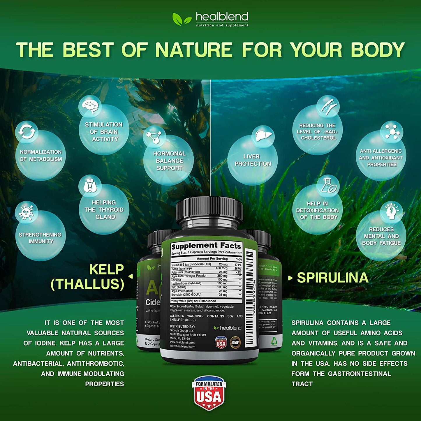 Apple Cider Vinegar with Spirulina and Kelp Dietary Supplement - Metabolism, Detox and Immune Support Formula - Keto Diet Pills for Women Men, 120 Capsules