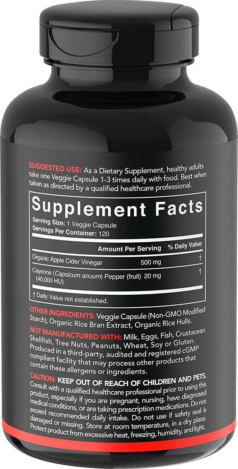 Apple Cider Vinegar Pills with Cayenne Pepper | Made from Organic Fermented Apple Cider | Non-GMO Project Verified and Vegan Certified (120 Veggie Capsules)