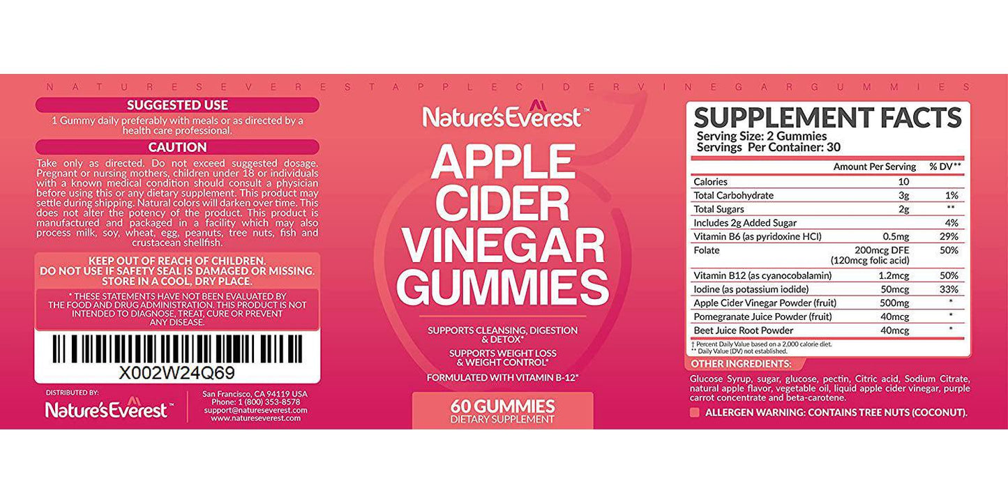 Apple Cider Vinegar Gummies - Supplement for Weight Loss with Beet Root Powder, Vitamin B12 - Folate - VIT B6 - Folic Acid, Supports Digestion, Detox and Cleansing