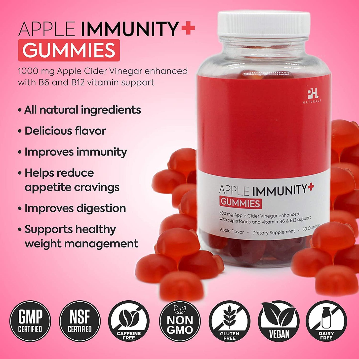 Apple Immunity Gummies - 1000mg - Enhanced with superfoods and Vita B6 and B12. Ideal for Gut Health and Digestive Support. All Natural.
