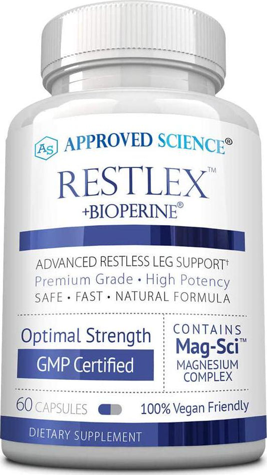 Approved Science Restlex - Natural Restless Leg Relief - 420 mg Magnesium Glycinate Blend, L-theanine 200 mg - 60 Vegan Friendly Capsules