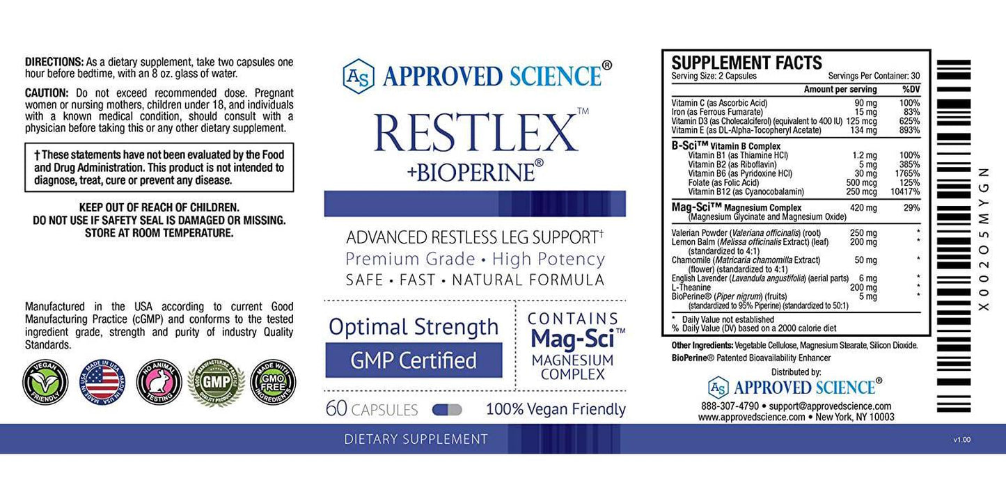 Approved Science Restlex - Natural Restless Leg Relief - 420 mg Magnesium Glycinate Blend, L-theanine 200 mg - 60 Vegan Friendly Capsules