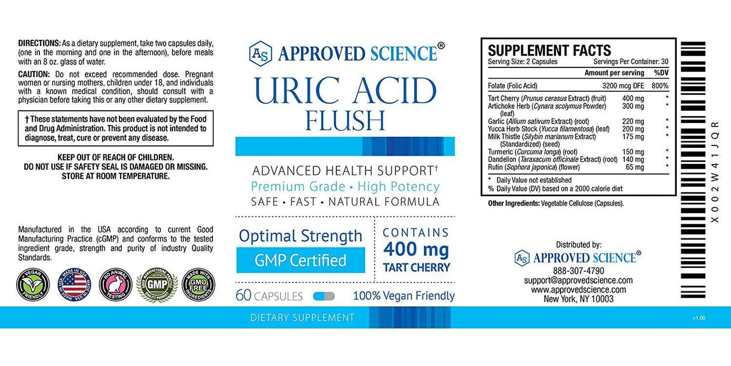 Approved ScienceÂ Uric Acid Flush Supplement with Folic Acid and Tart Cherry - Reduce Uric Acid Levels, Boost Immune System, Improve Organ Function - 60 Capsules - 1 Month Supply - Made in The USA